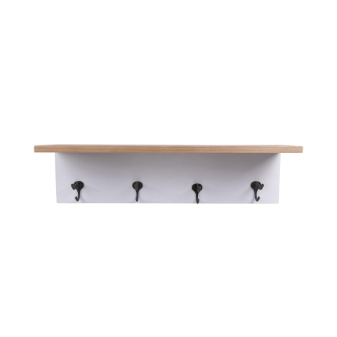 Estante de pared de madera de pino con 4 ganchos de hierro 60x16x16 Romia Promoción