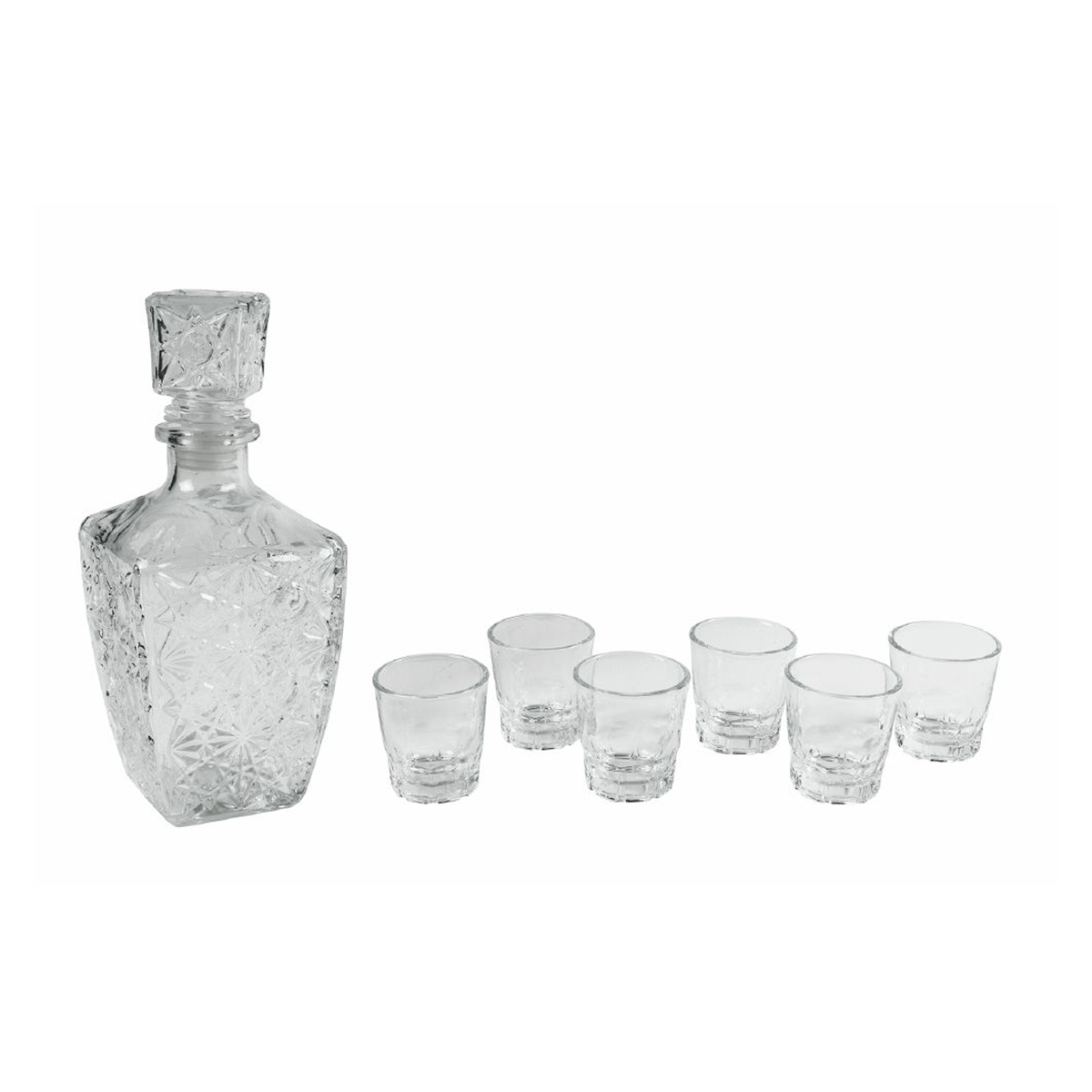 Set de botella de vidrio para licor + 6 vasos Diamante Promoción Set de botella de vidrio para licor + 6 vasos Diamante Promoción
