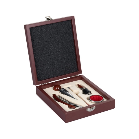 Caja de madera con set de 5 accesorios para vino Cesta Promoción