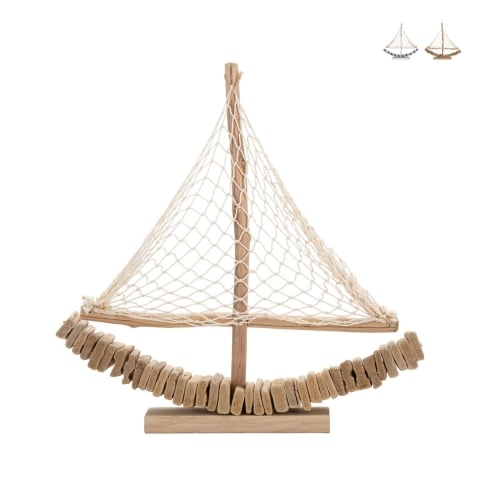 Escultura de velero en madera con red de tela 45x45x7cm Enok Promoción