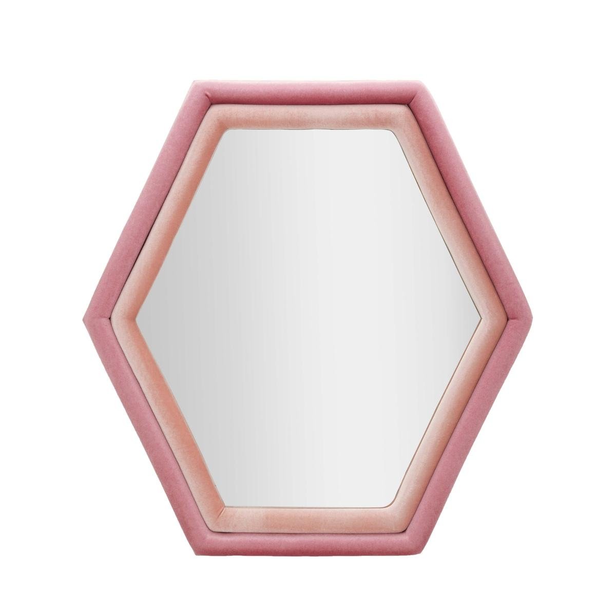 Espejo hexagonal de pared moderno con marco de terciopelo rosa Tony Promoción Espejo hexagonal de pared moderno con marco de terciopelo rosa Tony Promoción