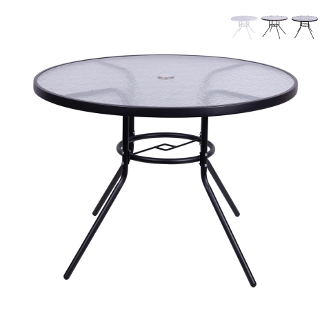 Mesa redonda de exterior 100 cm acero carbono y vidrio blanco Lorea Promoción
