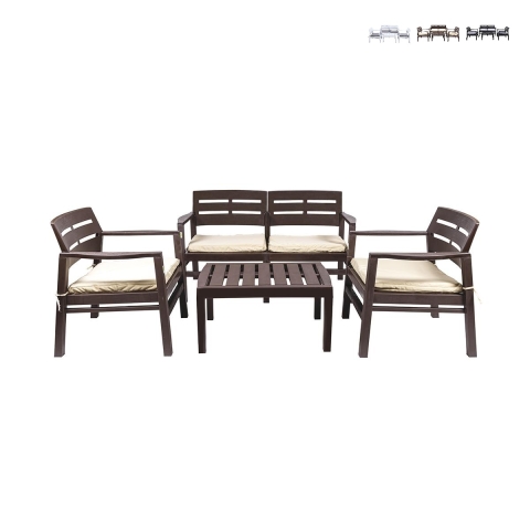 Sala de jardín exterior con sofá, 2 sillones y mesa de efecto madera Fij Promoción