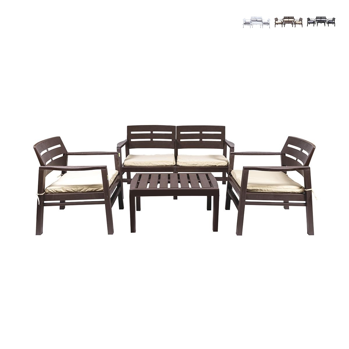 Sala de jardín exterior con sofá, 2 sillones y mesa de efecto madera Fij Promoción Sala de jardín exterior con sofá, 2 sillones y mesa de efecto madera Fij Promoción