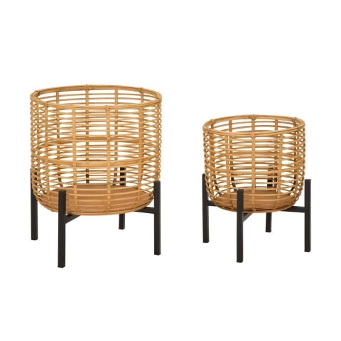 Set de 2 portamacetas redondos de ratán con soporte de metal negro Zeyok Promoción