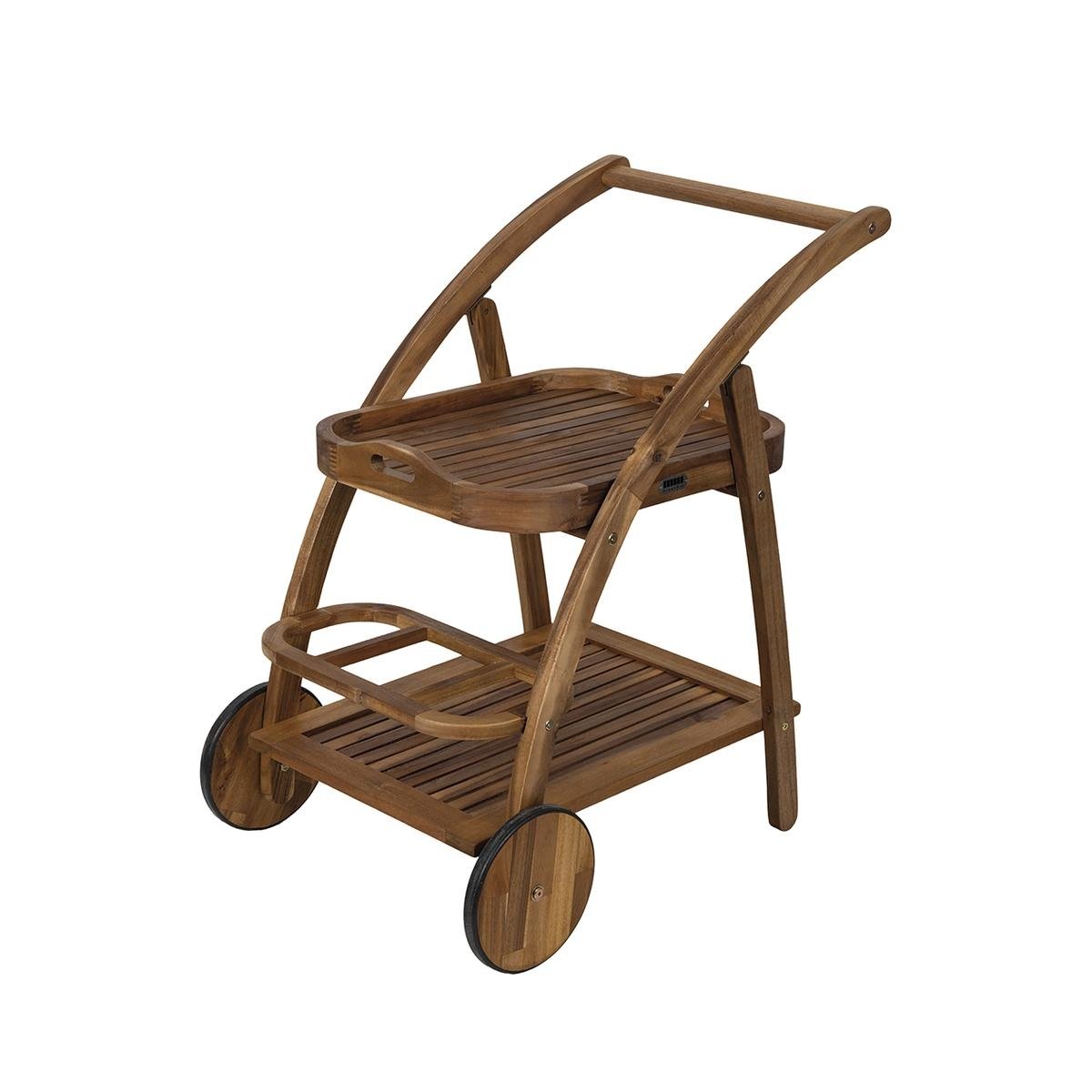 Carro de servicio de dos niveles con ruedas de madera de acacia Bali Promoción Carro de servicio de dos niveles con ruedas de madera de acacia Bali Promoción