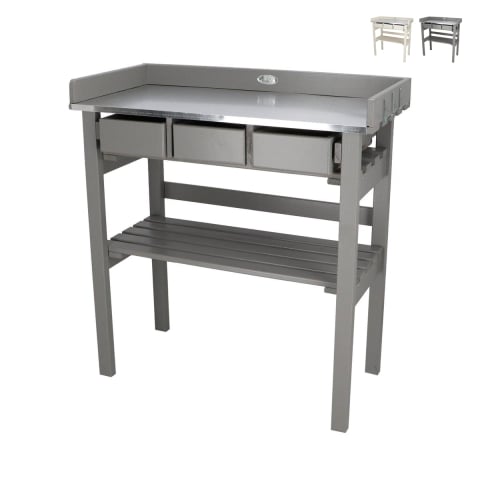 Banco de trabajo de madera con superficie de metal galvanizado y 3 cajones Promoción