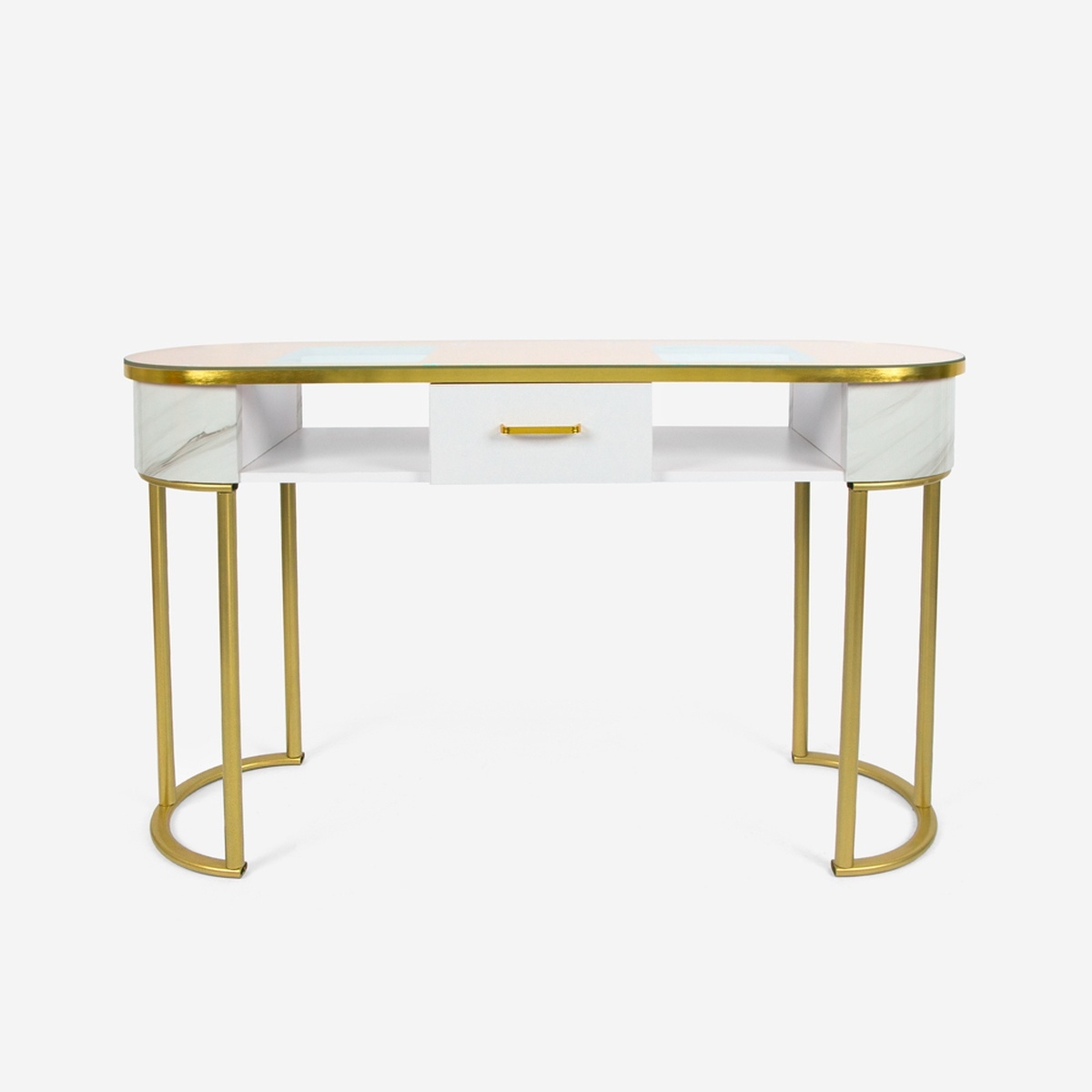 Consola mesa de esteticista, de cristal y metal dorado efecto mármol Jess
