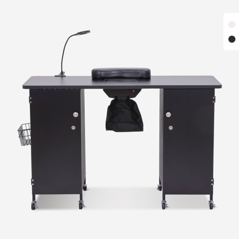 Mesa de manicura con ruedas, extractor y lámpara color blanco negro Talos Promoción
