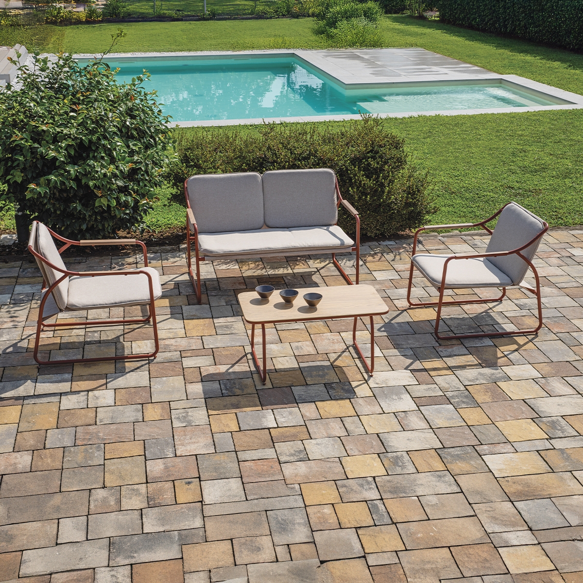 Conjunto de jardín moderno 2 sillones, sofá y mesa Tinos