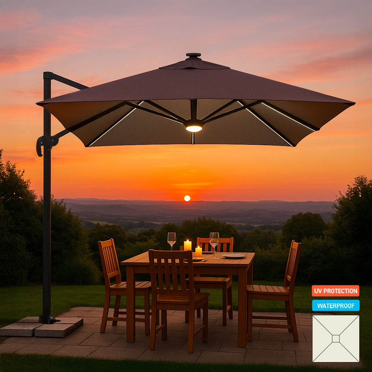 Sombrilla con luz solar LED 3x3 de aluminio Paradise Brown Light Promoción Sombrilla con luz solar LED 3x3 de aluminio Paradise Brown Light Promoción