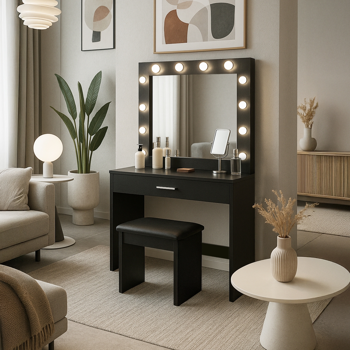 Tocador maquillaje negro con bombillas LED espejo taburete Gaia Black Promoción Tocador maquillaje negro con bombillas LED espejo taburete Gaia Black Promoción
