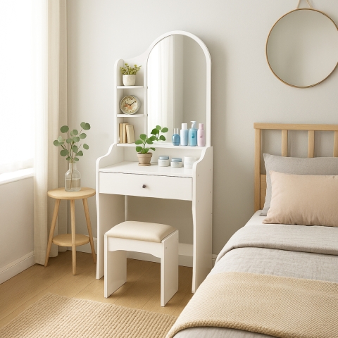 Tocador de Maquillaje con espejo y taburete para dormitorio Flora Promoción