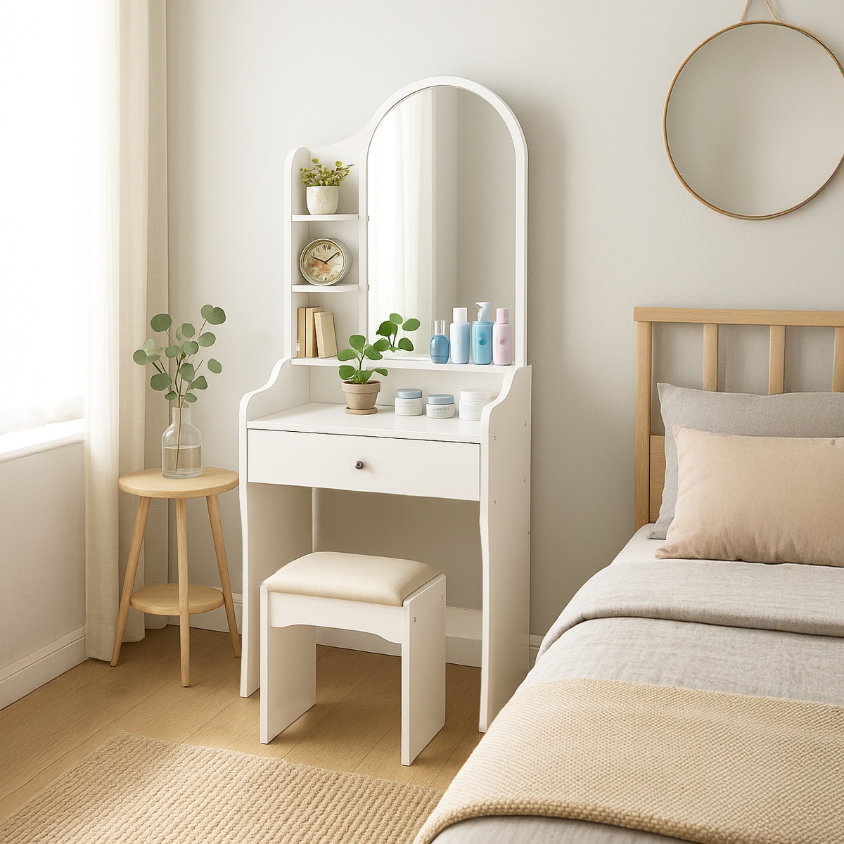 Tocador de Maquillaje con espejo y taburete para dormitorio Flora Promoción Tocador de Maquillaje con espejo y taburete para dormitorio Flora Promoción