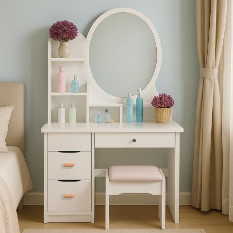 Tocador de Maquillaje móvil taburete de dormitorio con espejo redondo Babette Promoción