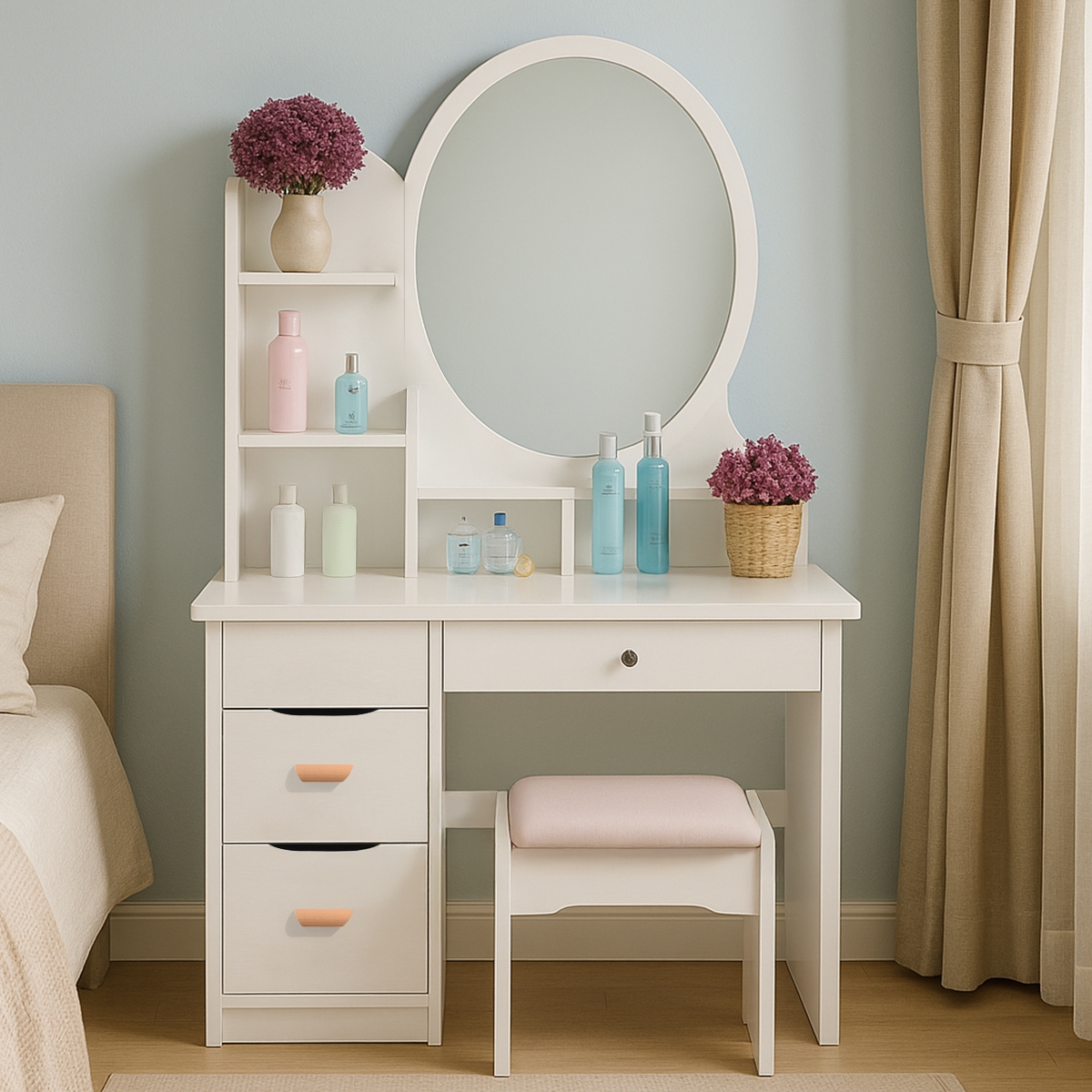 Tocador de Maquillaje móvil taburete de dormitorio con espejo redondo Babette Promoción