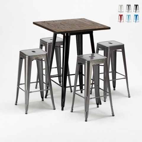 Conjunto de 4 taburetes y mesa alta de diseño Tolix de estilo industrial Little Italy