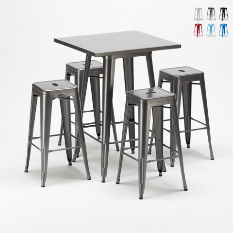 Juego de mesa alta y 4 taburetes metálicos diseñados por Tolix industrial Gowanus
