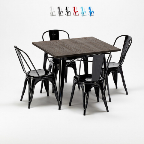 juego de mesa cuadrada de madera y sillas de metal estilo industrial west village Promoción