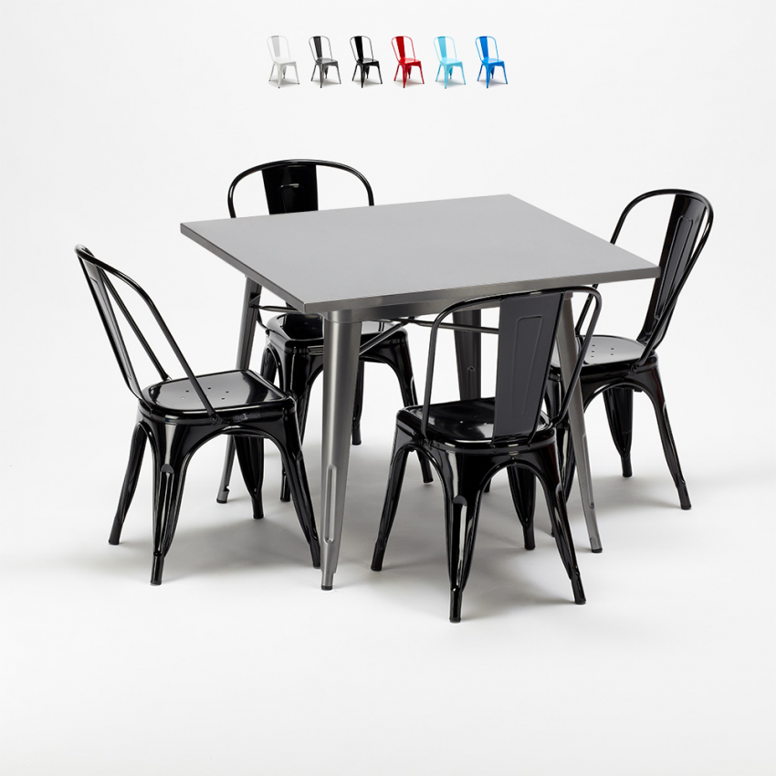 Conjunto de mesa cuadrada y sillas industriales de metal estilo Tolix Flushing Coste