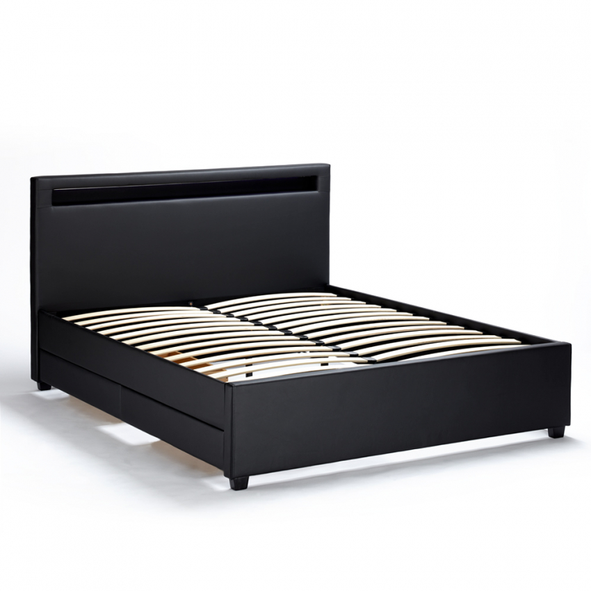 Moderna cama de matrimonio 2 plazas con cabecero cajones led 160x190 GINEBRA REY Promoción