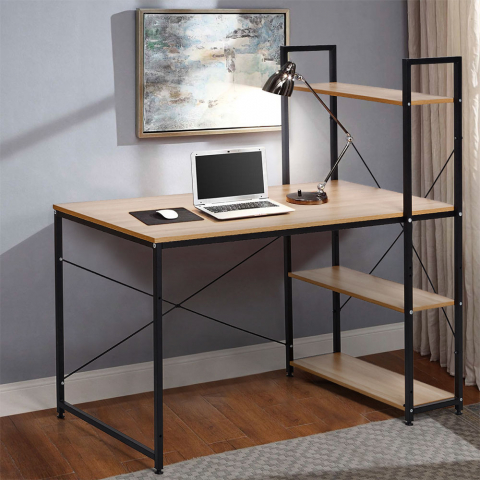 Escritorio industrial de acero 120x60 de madera con estantería Empire y estantes de diseño minimalista