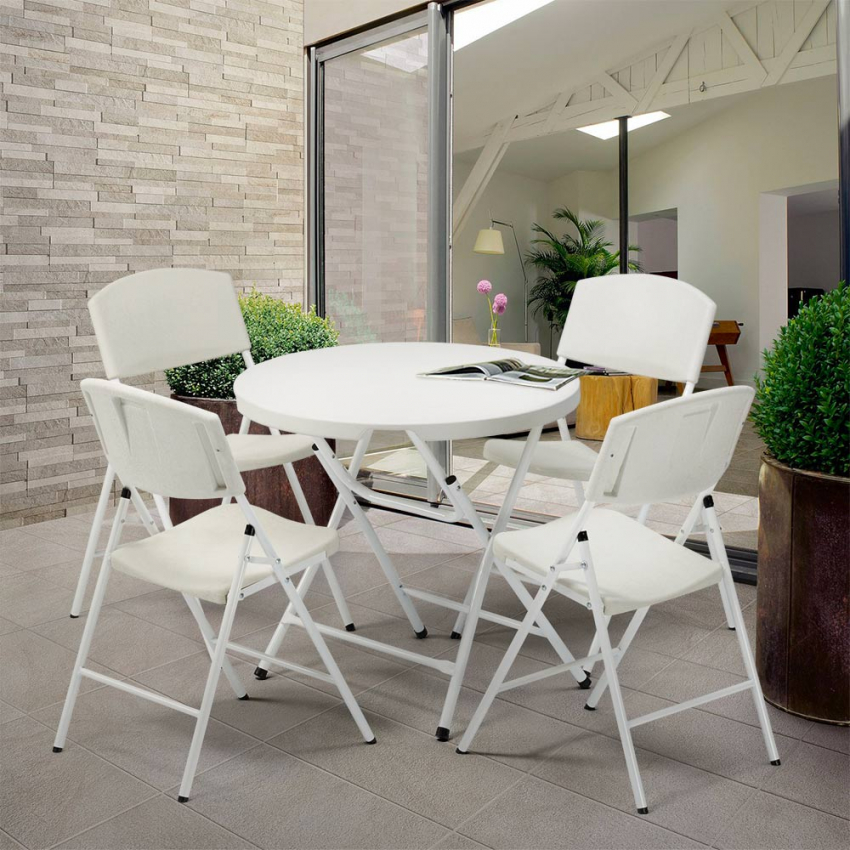 Conjunto de mesa redonda 80x80 con 4 sillas plegables de camping y jardín Temple Promoción