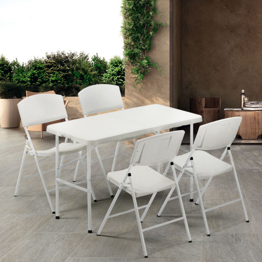 Set de mesa rectangular de 120x60 con 4 sillas plegables para camping y jardín Hood Promoción