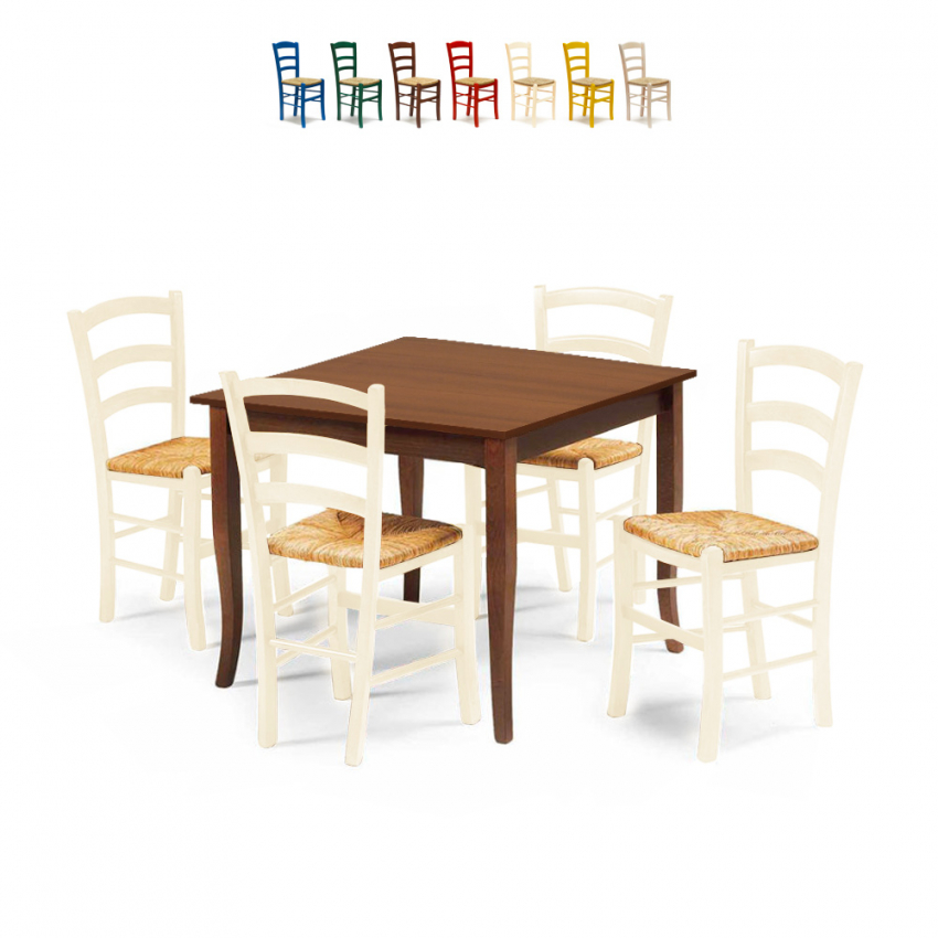 Set 4 sillas y mesa interior bar cocina cuadrado 80x80 madera Rusty Oferta