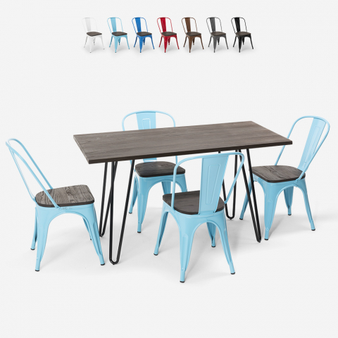 conjunto de mesa rectangular 120 x 60 con 4 sillas en acero y madera industrial estilo roger Promoción