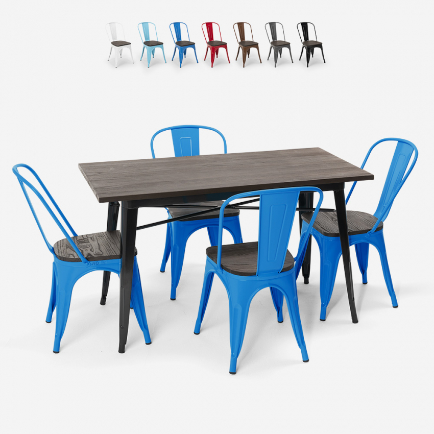 conjunto de mesa rectangular 120 x 60 con 4 sillas en acero y madera industrial estilo Lix ralph Descueto