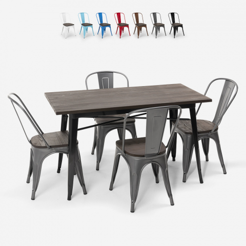 Conjunto de mesa rectangular 120 x 60 con 4 sillas en acero y madera industrial estilo Tolix Ralph