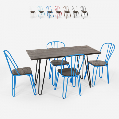 conjunto de mesa rectangular 120 x 60 con 4 sillas industriales de madera en acero, diseño Lix magis Promoción