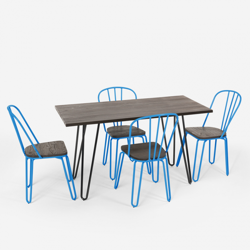 Conjunto de mesa rectangular 120 x 60 con 4 sillas industriales de madera en acero, diseño Tolix Magis Promoción