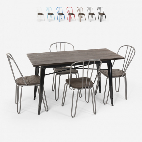 Conjunto de mesa rectangular 120 x 60 con 4 sillas acero madera diseño industrial Tolix Otis