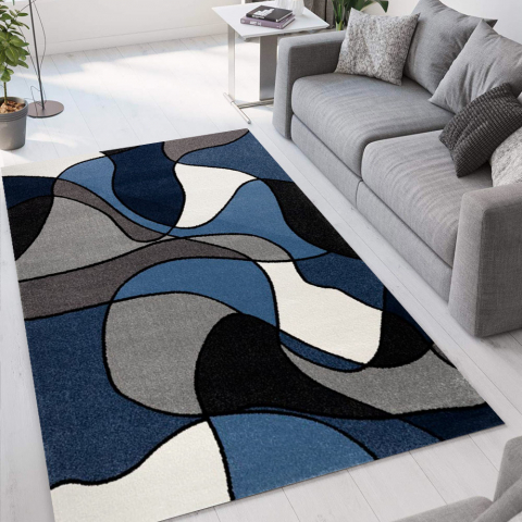 Alfombra de diseño moderno con patrón geométrico azul blanco BLU015 Milano Promoción