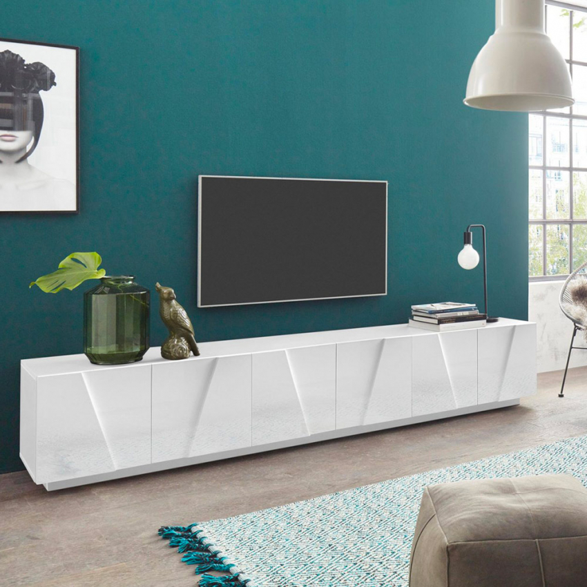 Mueble de TV moderno para salón con 6 puertas y 3 estantes Ping Low XL White Promoción