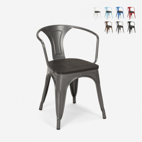 sillas de comedor de metal y madera estilo industrial steel wood arm Promoción