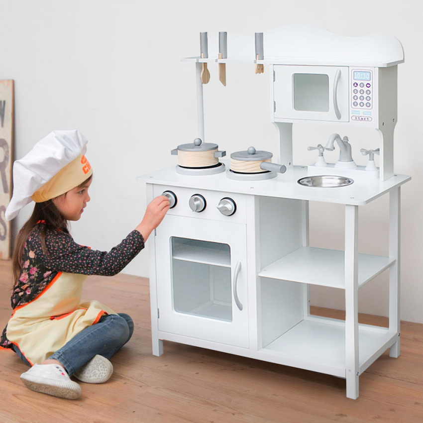 Cocina de juguete infantil de madera con estantes y complementos Chef Show Promoción
