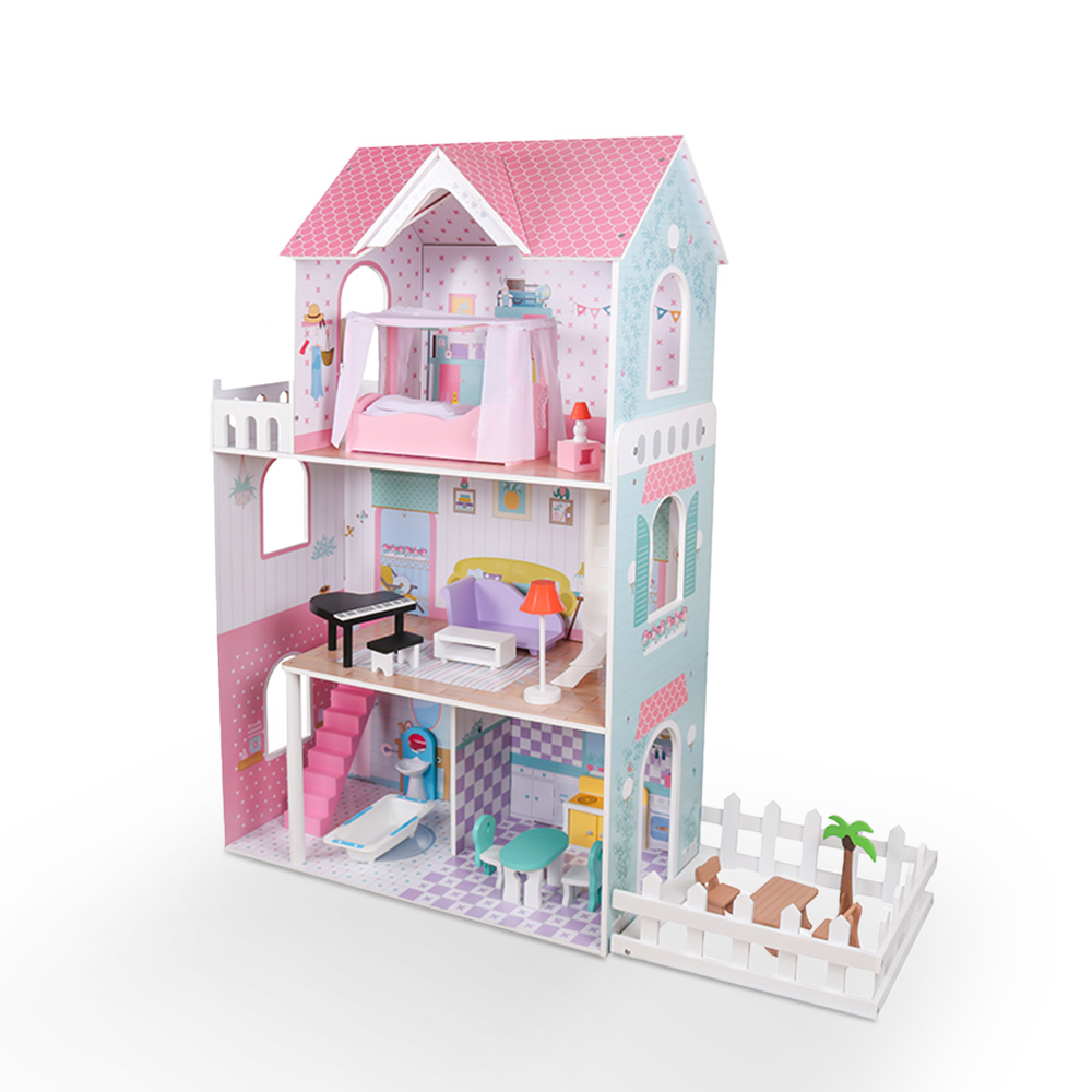 Casa de muñecas de madera de 3 pisos con accesorios Pretty House XXL