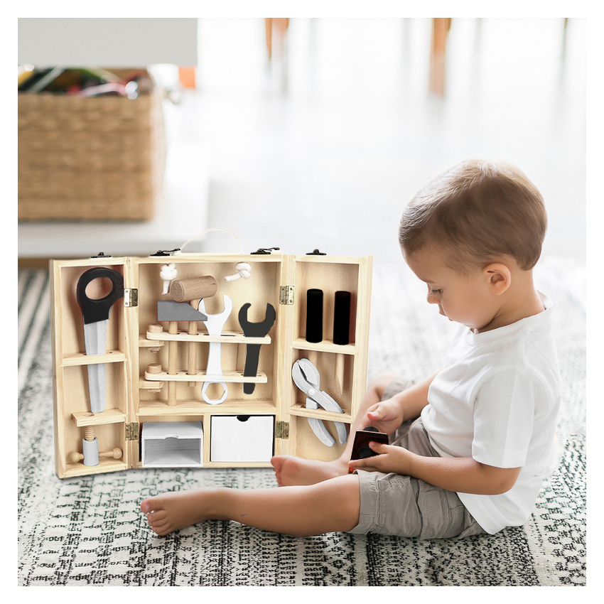 Caja de herramientas de juguete para niños con utensilios de madera Mr Fix Promoción
