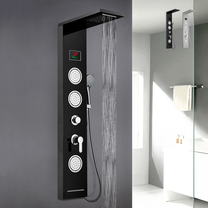 Grifo de ducha de baño cromado LED ducha panel columna bañera mezclador con  pantalla de temperatura de ducha de mano