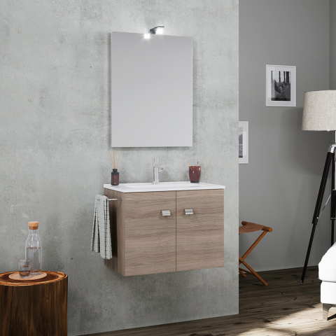 Mueble de baño con base suspendida 2 puertas y lavabo de cerámica toallero espejo lámpara LED Vanern Oak
