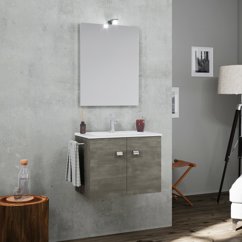 Mueble de baño base suspendida con 2 puertas y toallero lavabo espejo de cerámica lámpara LED Vanern Noir