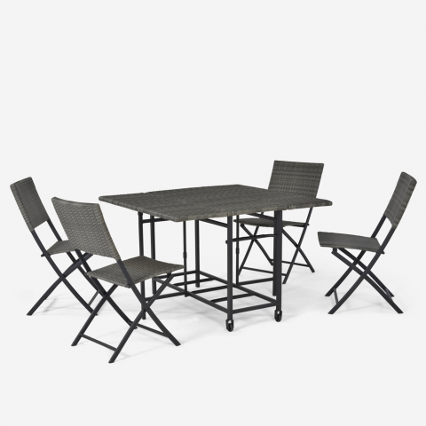 Mesa cuadrada 110x110cm para jardín y 4 sillas plegables de ratán modernas Lentel