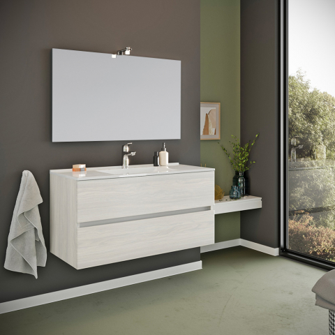 Mueble de baño con base suspendida de 2 cajones y espejo lámpara LED lavabo cerámica Storsjon Gris