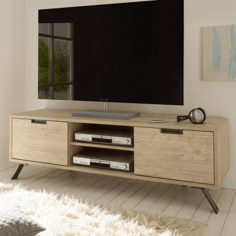 Mueble de TV de diseño escandinavo con 2 puertas de madera y compartimento abierto Palma