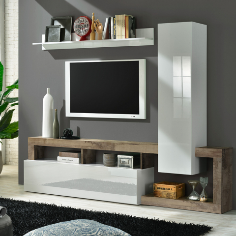 Mueble moderno TV de pared de madera blanca brillante Hamburg