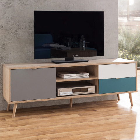 Mueble TV de diseño escandinavo con 2 cajones y con puerta de madera Glabas