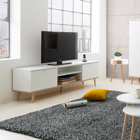 Mueble de TV blanco de diseño escandinavo con 2 puertas de madera con compartimento Ekraan